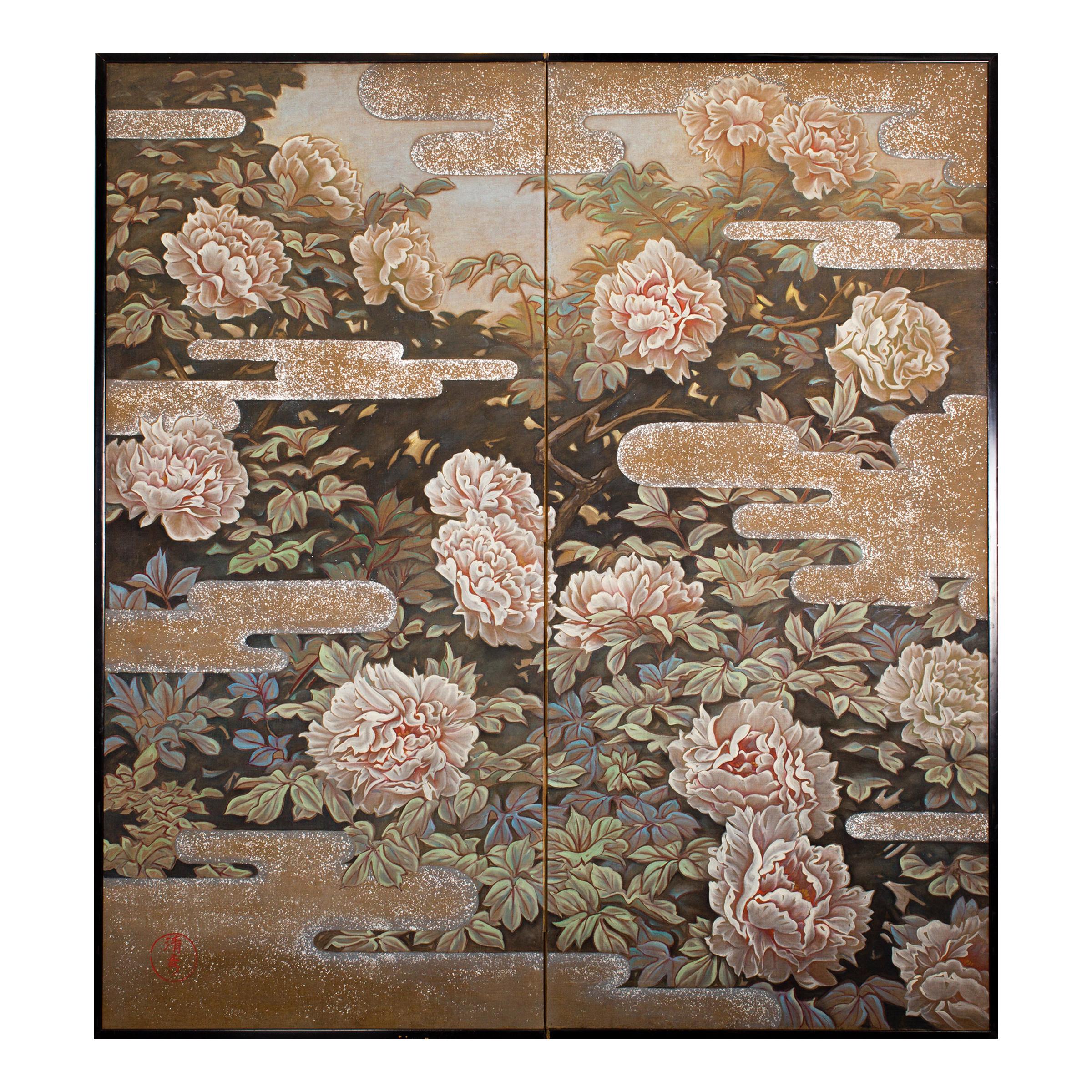 Japanese Two Panel Screen Peonies In the Mist For Sale