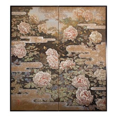 Vintage Japanese Two Panel Screen Peonies In the Mist