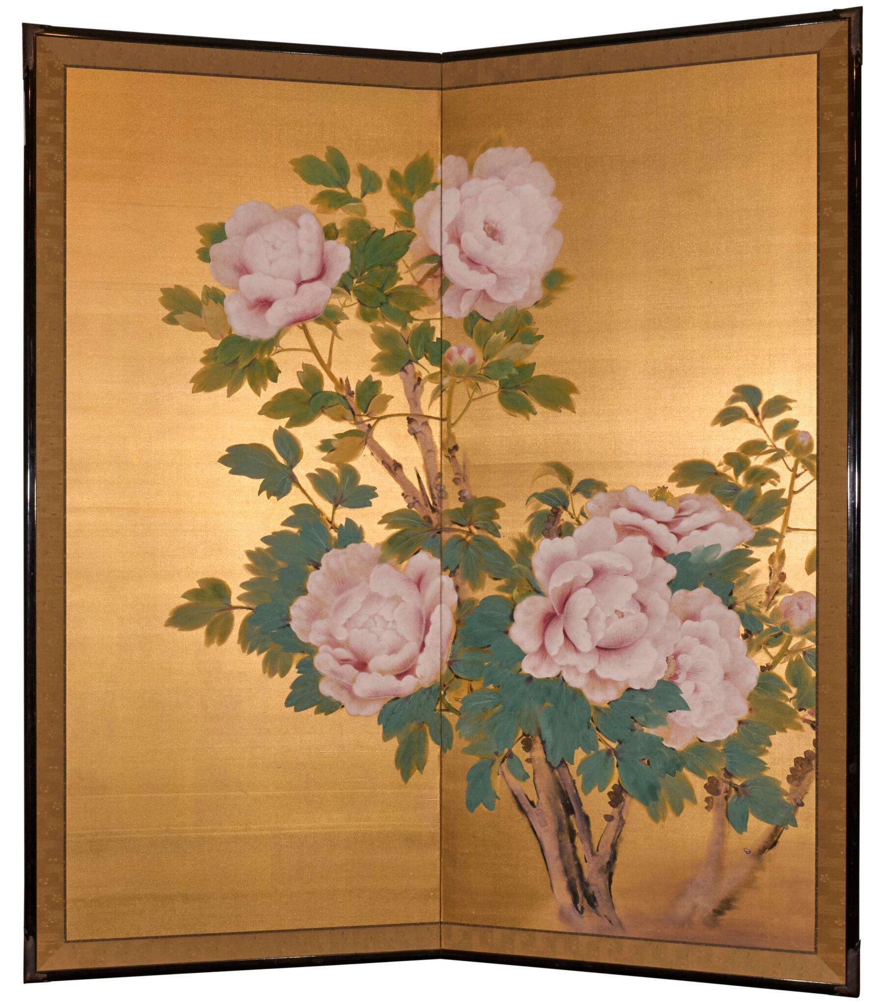 Japanese Two Panel Screen: Peonies on Gold en vente 5