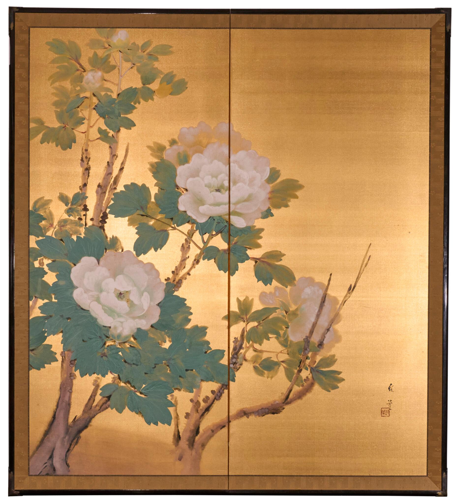 Japanese Two Panel Screen: Peonies on Gold en vente 6