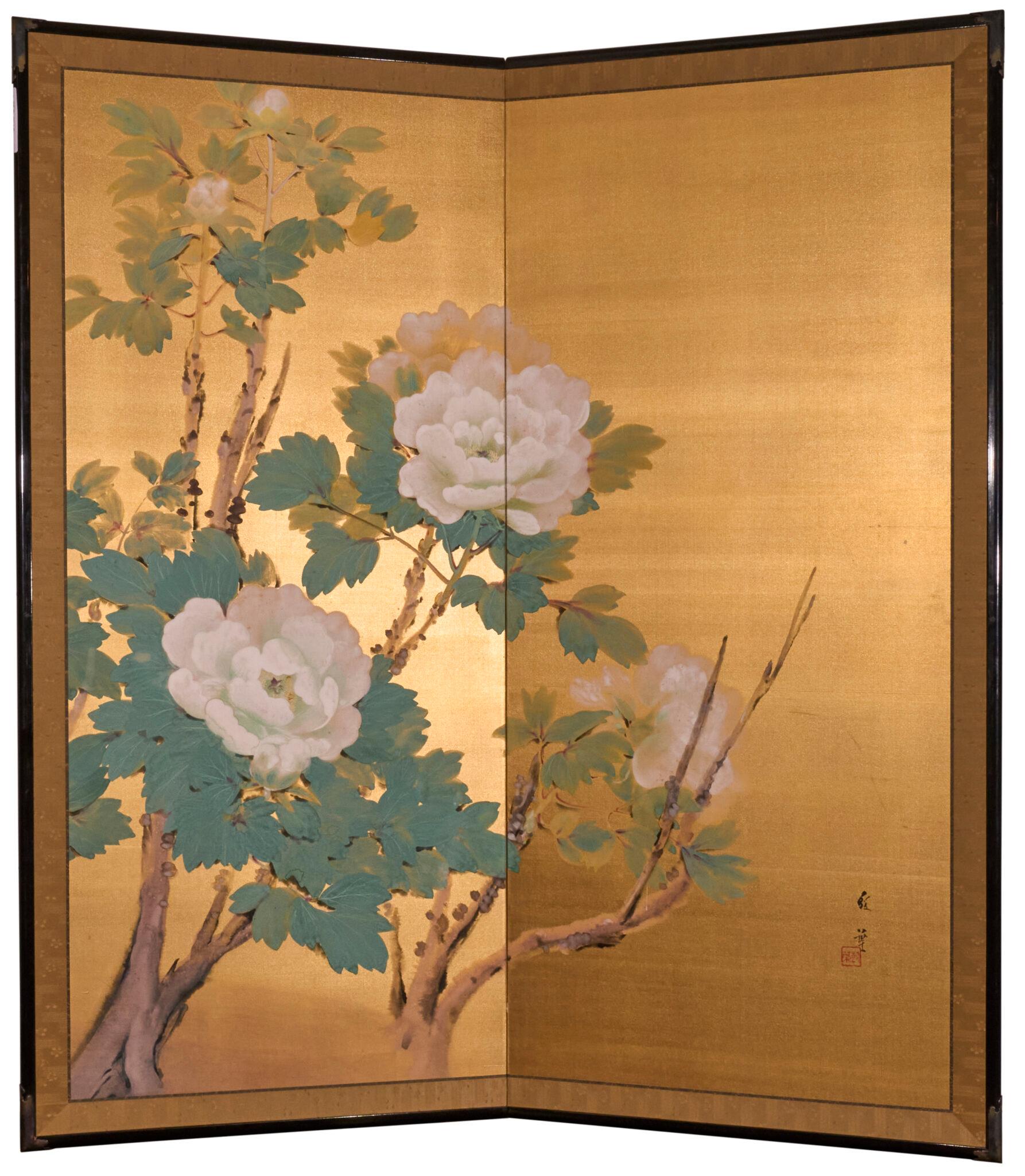 Japanese Two Panel Screen: Peonies on Gold en vente 15
