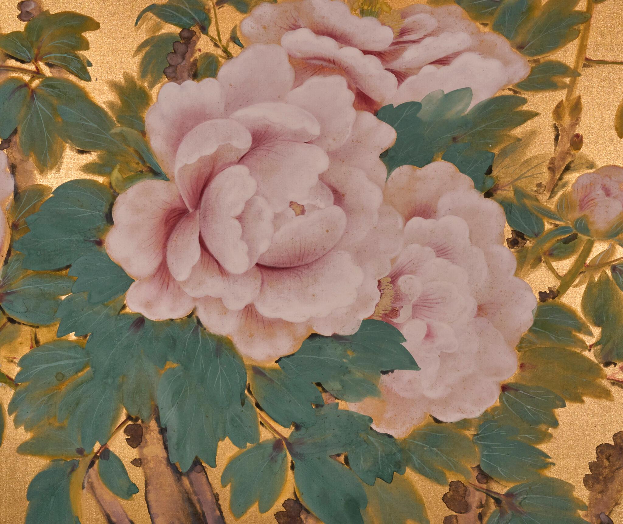 Bronze Japanese Two Panel Screen: Peonies on Gold en vente