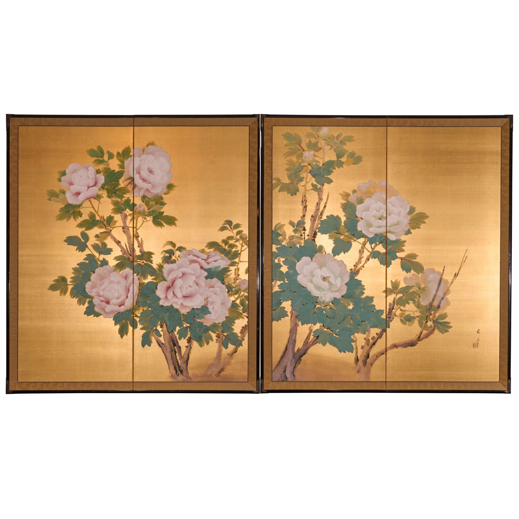 Japanese Two Panel Screen: Peonies on Gold