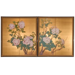 Japanese Two Panel Screen: Peonies on Gold