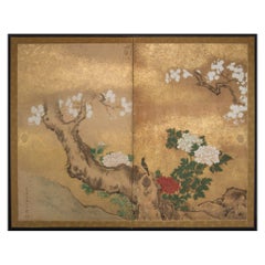 Antique Japanese Two-Panel Screen Peony and Cherry