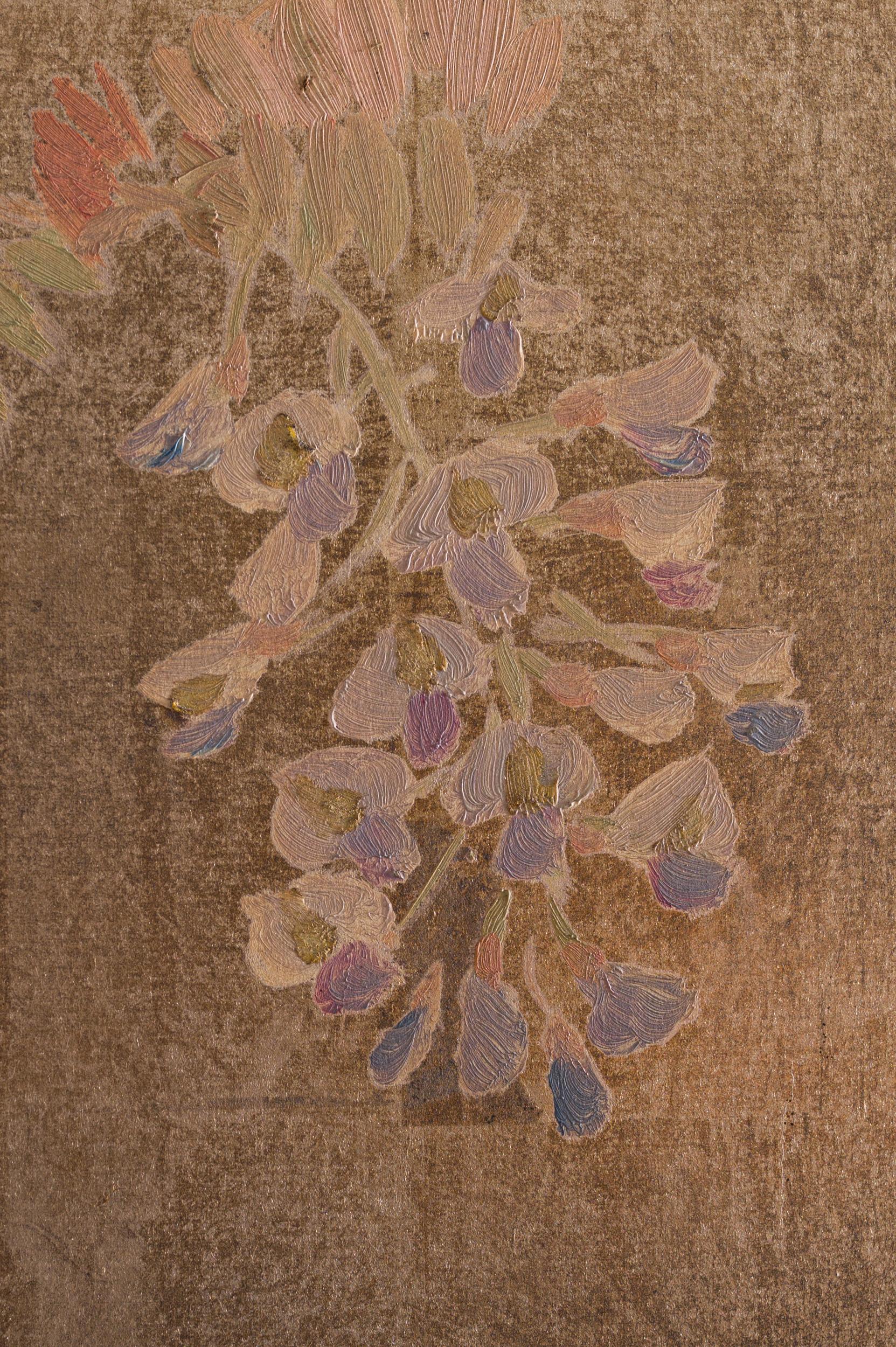 Japanese Two-Panel Screen Peony, Wisteria, Cherry and Bamboo on Soft Silver For Sale 4