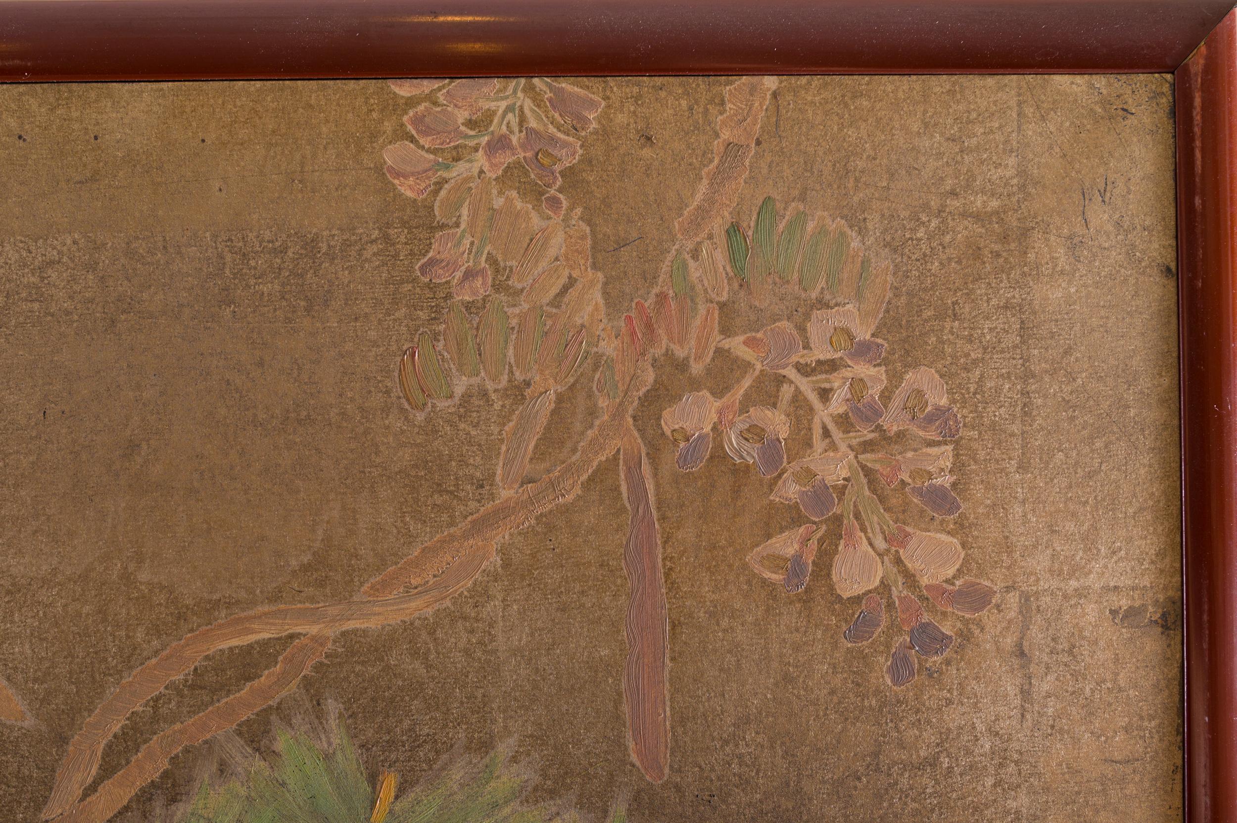 Japanese Two-Panel Screen Peony, Wisteria, Cherry and Bamboo on Soft Silver For Sale 6