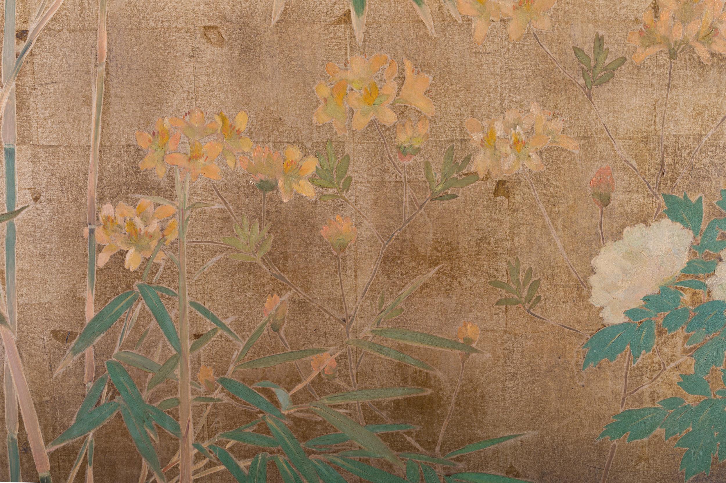 Meiji Japanese Two-Panel Screen Peony, Wisteria, Cherry and Bamboo on Soft Silver For Sale