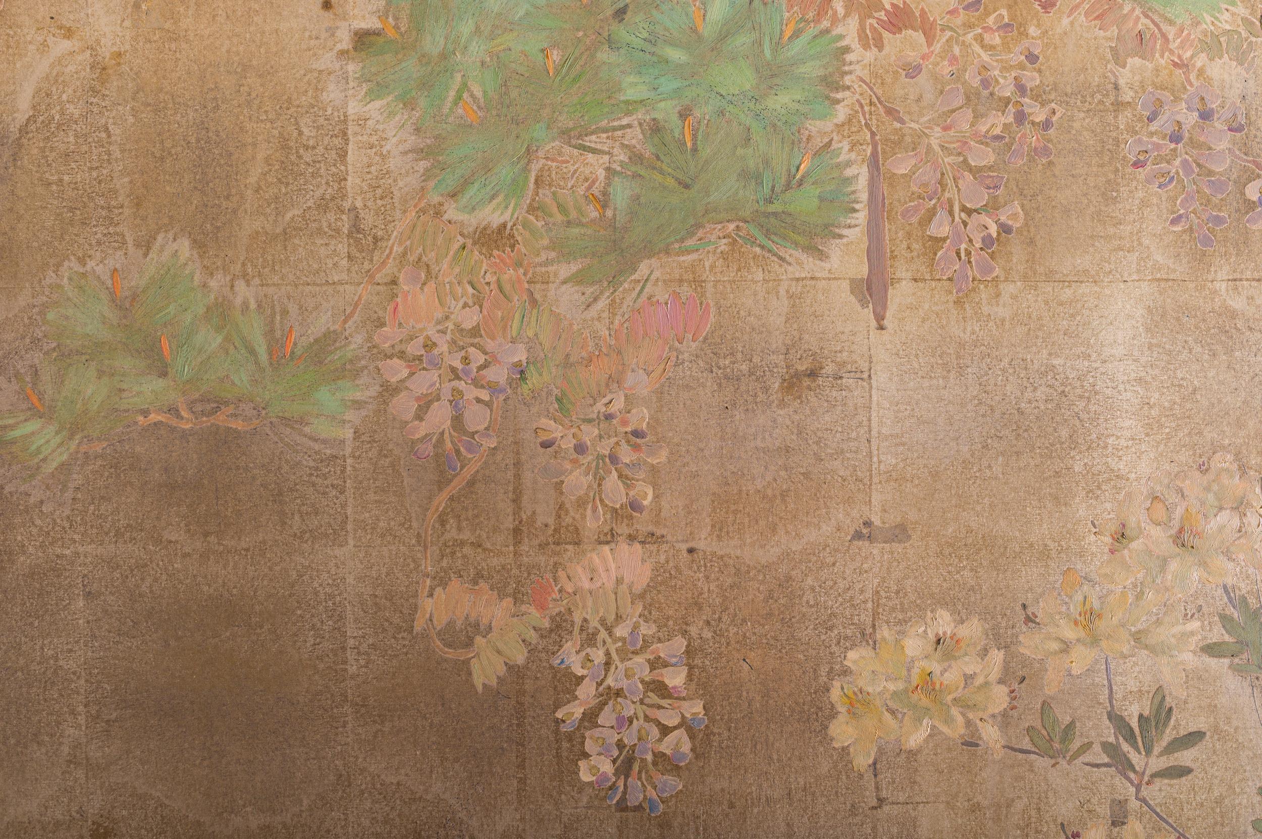 Early 20th Century Japanese Two-Panel Screen Peony, Wisteria, Cherry and Bamboo on Soft Silver For Sale
