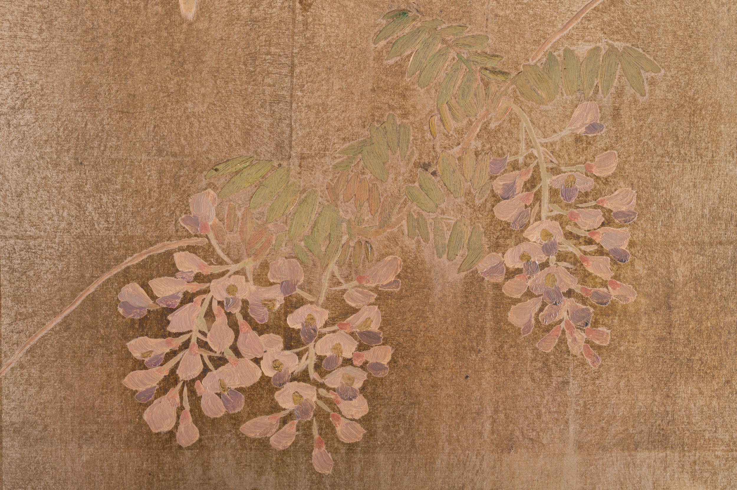 Japanese Two-Panel Screen Peony, Wisteria, Cherry and Bamboo on Soft Silver For Sale 1