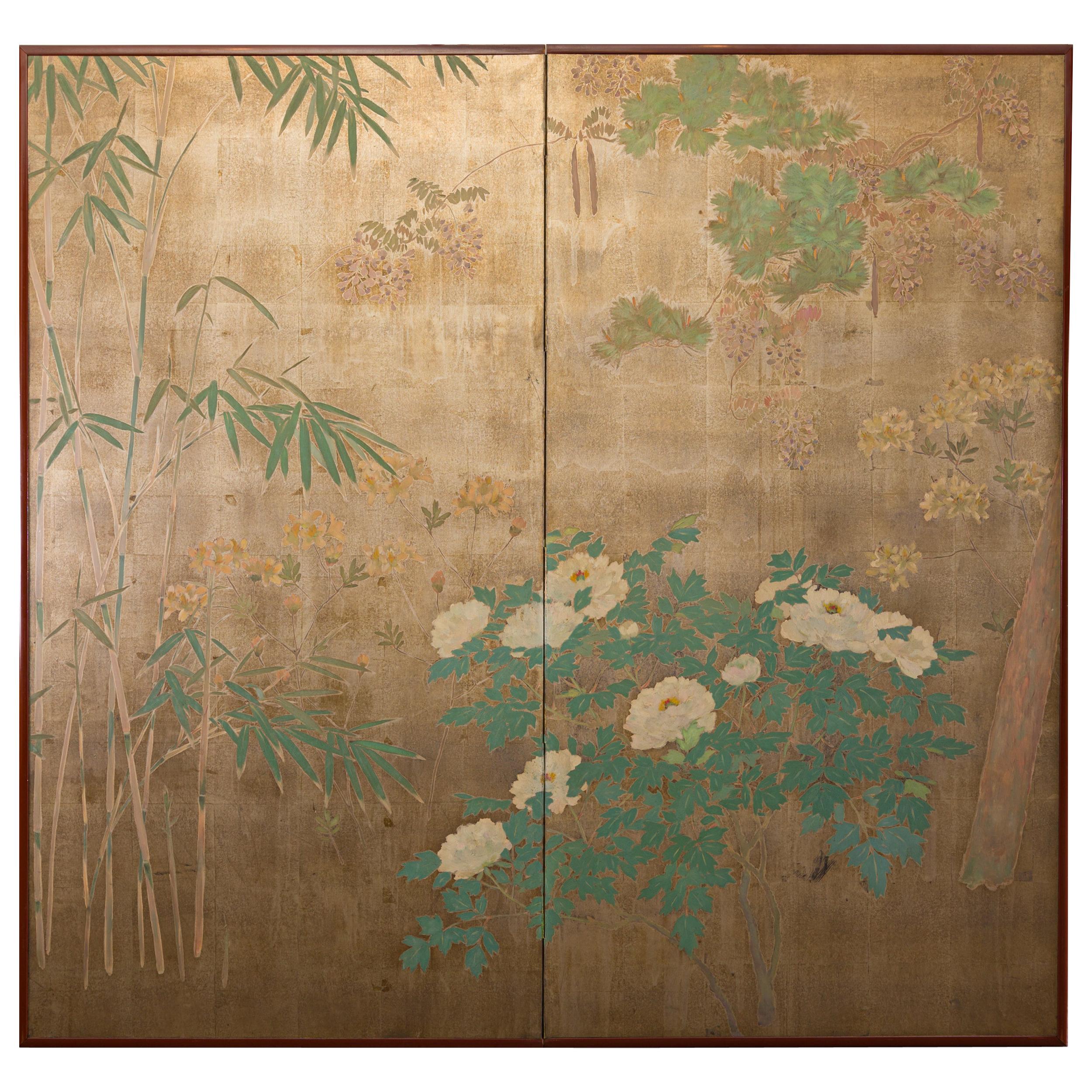 Japanese Two-Panel Screen Peony, Wisteria, Cherry and Bamboo on Soft Silver