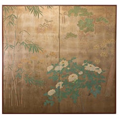 Japanese Two-Panel Screen Peony, Wisteria, Cherry and Bamboo on Soft Silver