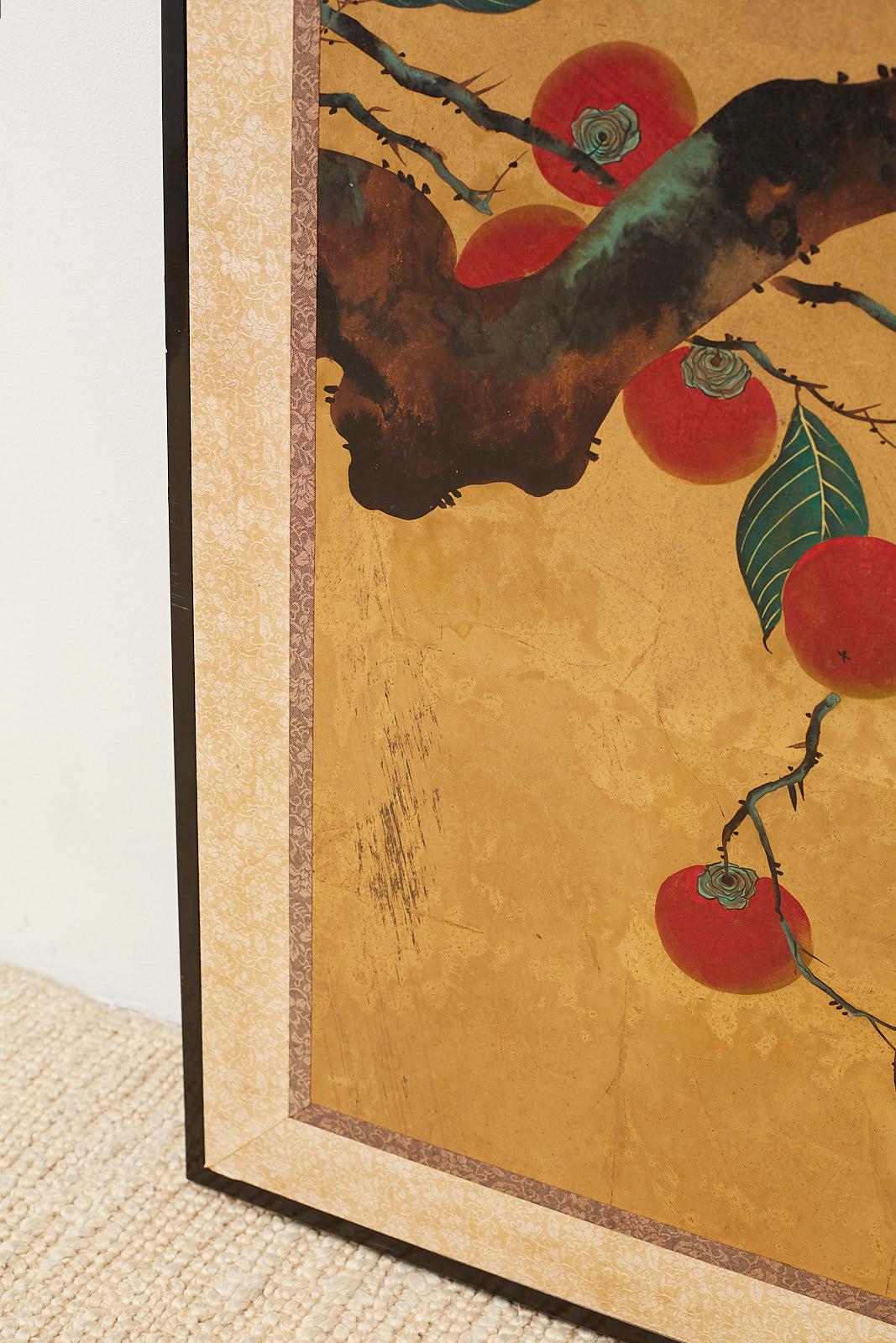 Meiji Japanese Two-Panel Screen Persimmon Tree with Birds