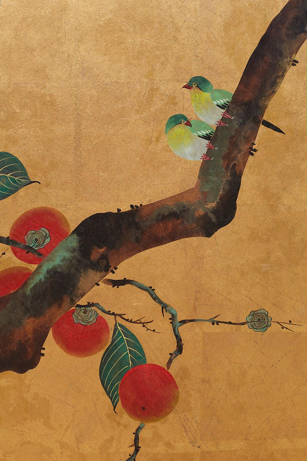 Ebonized Japanese Two-Panel Screen Persimmon Tree with Birds
