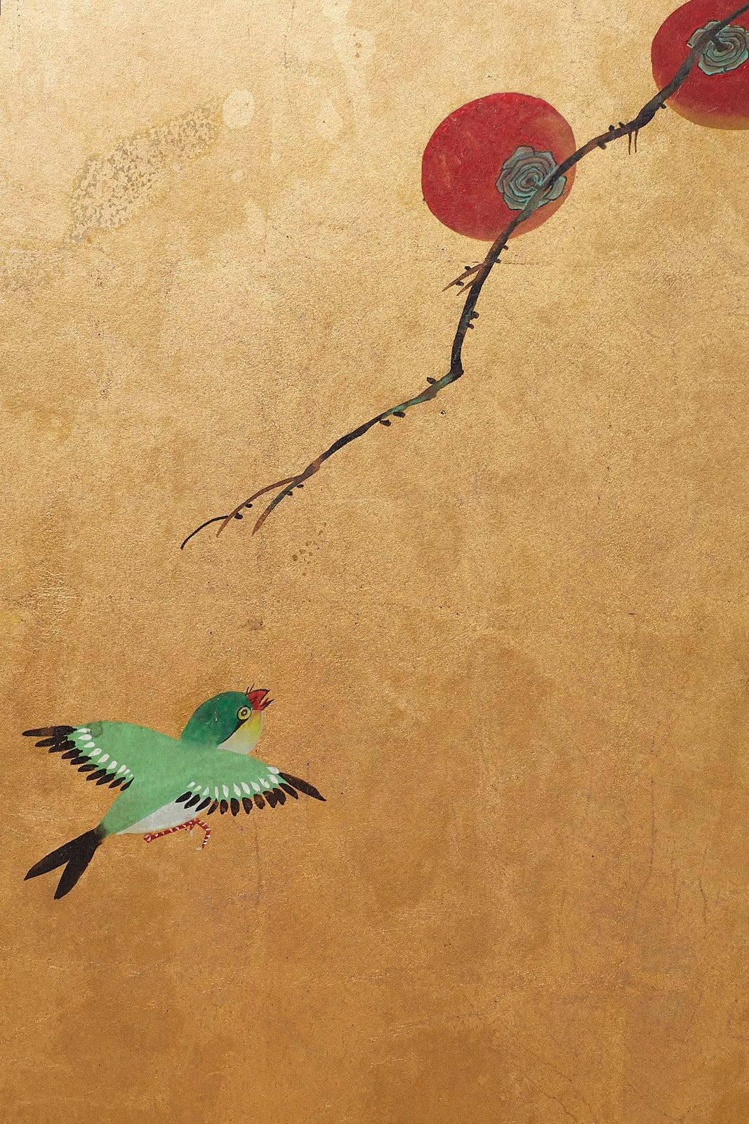 Japanese Two-Panel Screen Persimmon Tree with Birds In Good Condition In Rio Vista, CA
