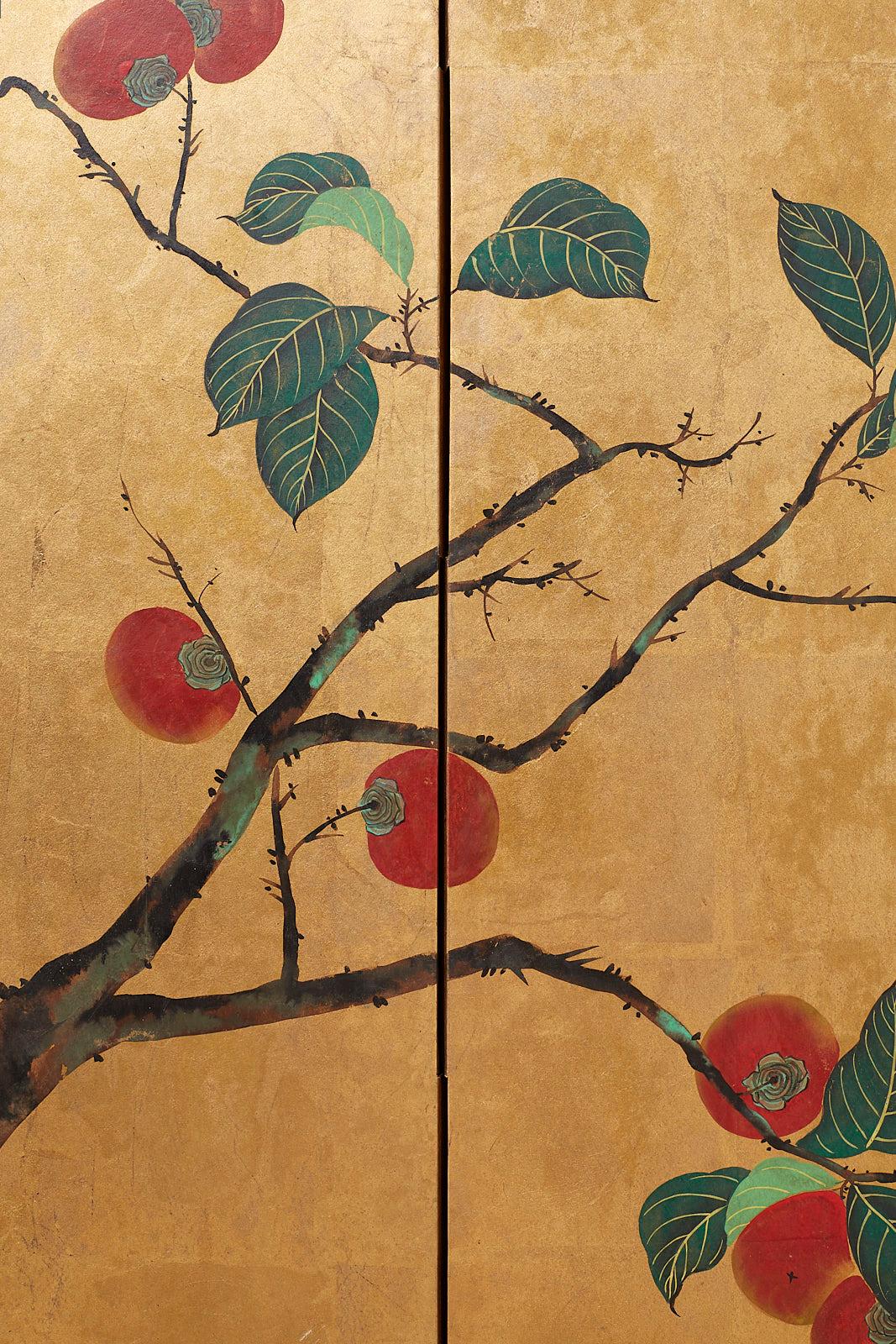 20th Century Japanese Two-Panel Screen Persimmon Tree with Birds