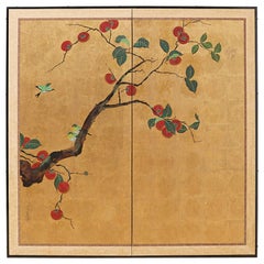 Japanese Two-Panel Screen Persimmon Tree with Birds