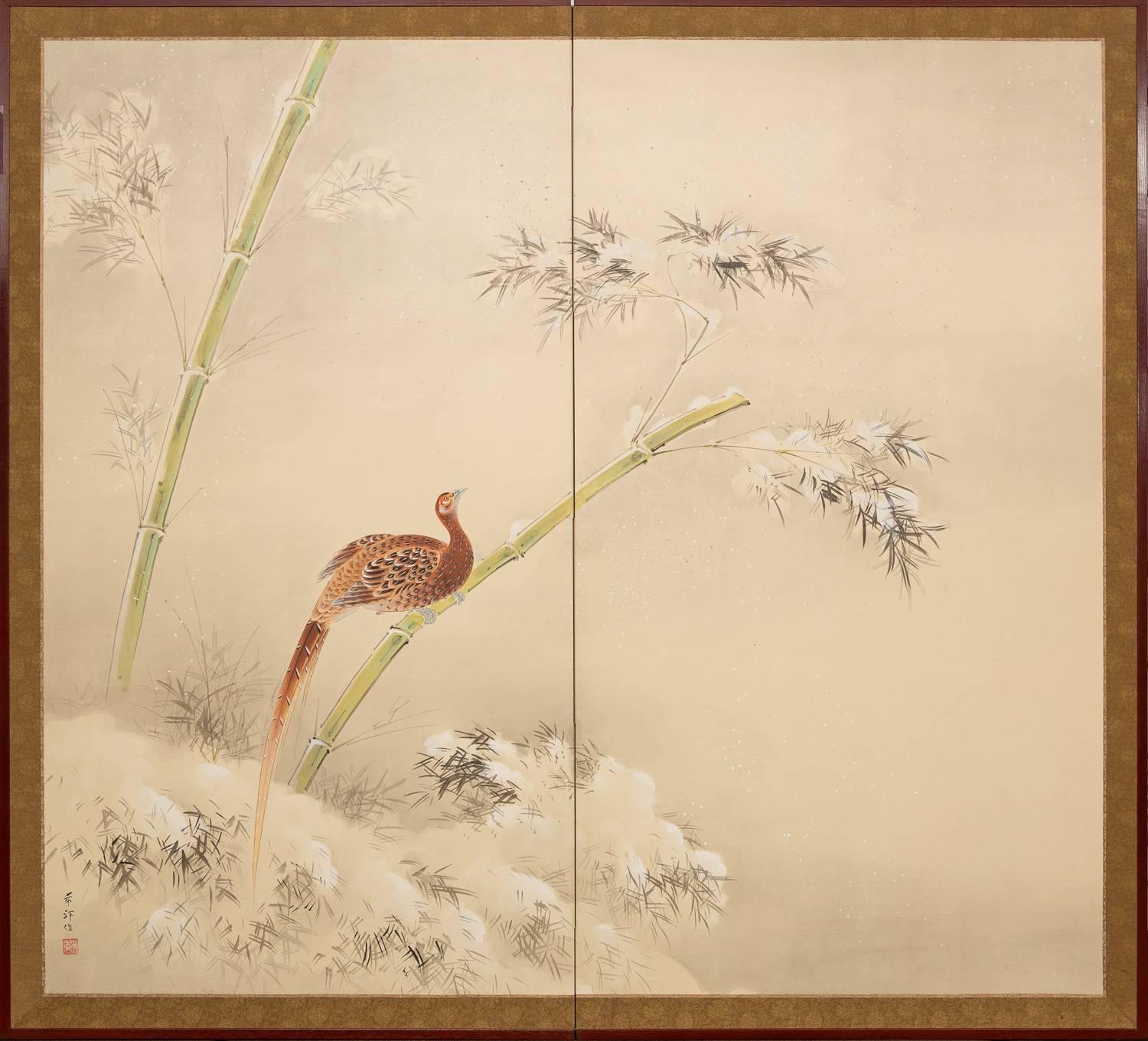 Early Taisho period painting (1912 - 1926) in mineral pigments on mulberry paper with a silk brocade border.  Artist signature reads: Kisho saku.  Kisho Shibahara (1885-1954). 