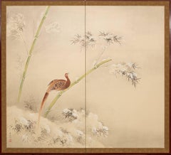 Japanese Two Panel Screen: Pheasant and Snow Covered Bamboo