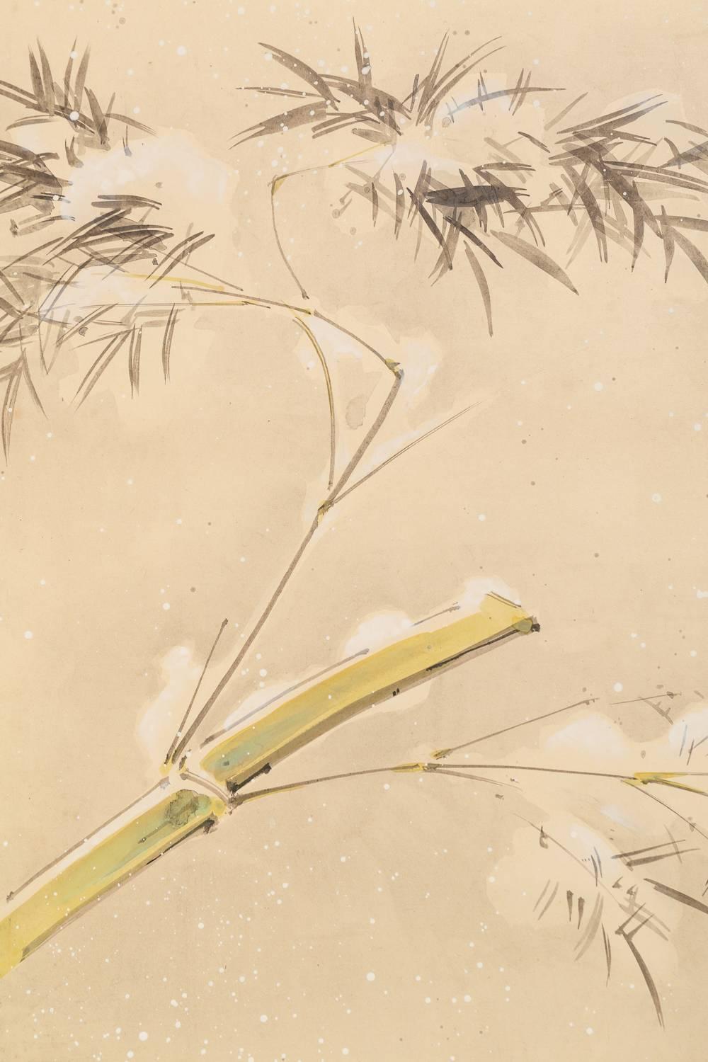 20th Century Japanese Two Panel Screen: Pheasant and Snow Covered Bamboo For Sale