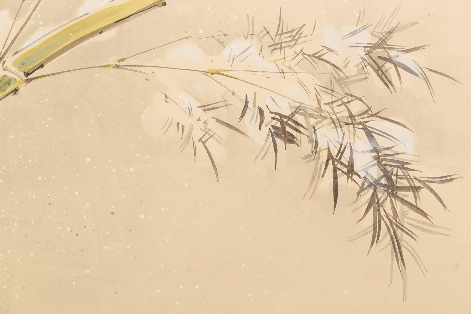 Paper Japanese Two Panel Screen: Pheasant and Snow Covered Bamboo For Sale