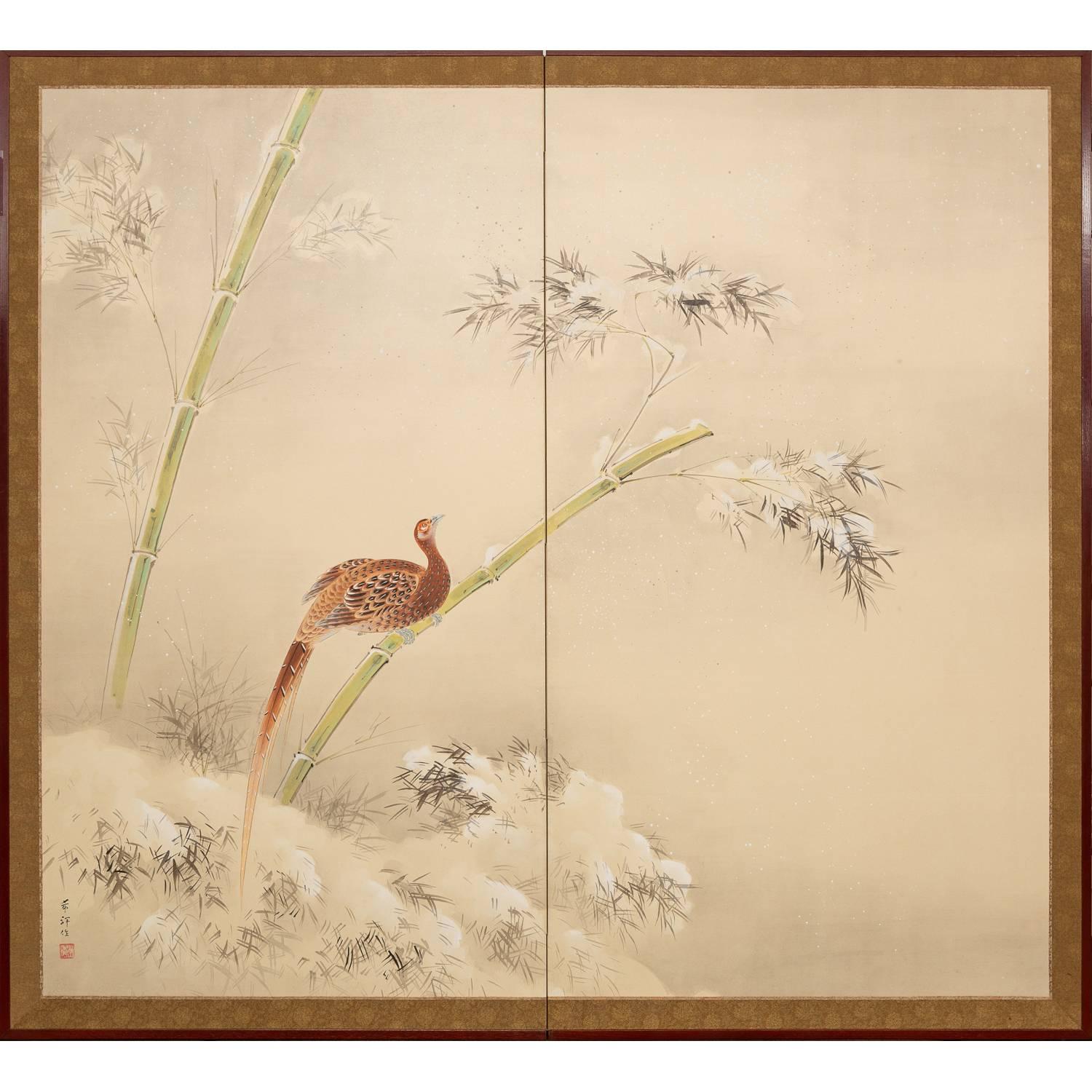 Japanischer japanischer Raumteiler mit zwei Tafeln: Fasan und Schnee bedeckter Bambus