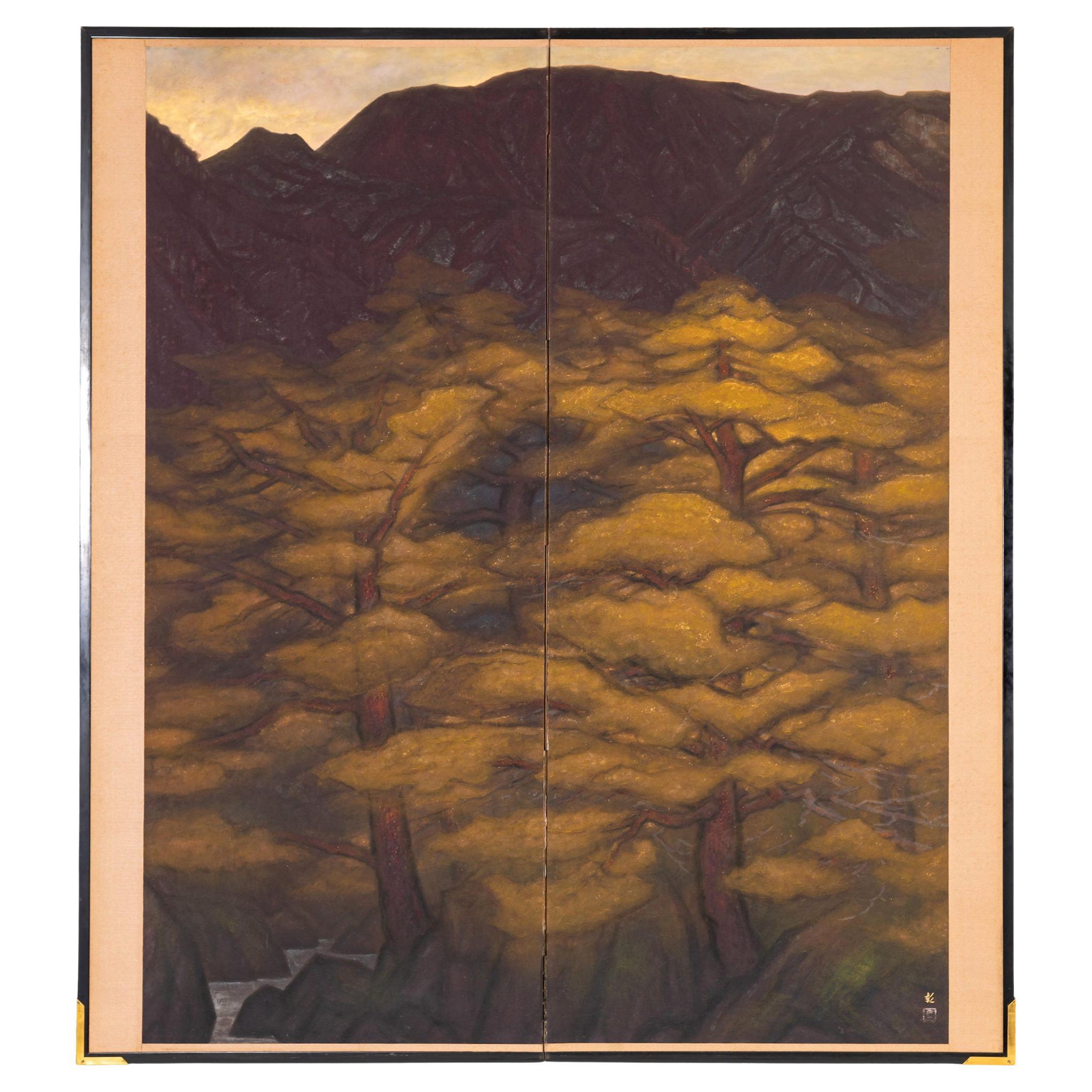 Japanese Two Panel Screen: Pine and Mountain Landscape By Muta Akira For Sale