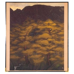 Vintage Japanese Two Panel Screen: Pine and Mountain Landscape By Muta Akira
