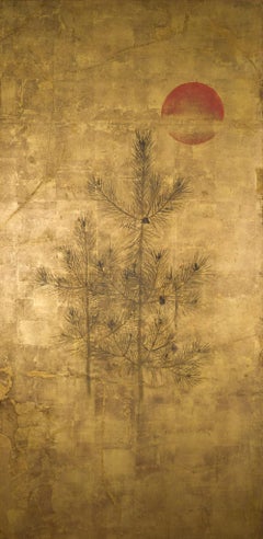 Japanese Two Panel Screen Pine and Red Sun on Gold