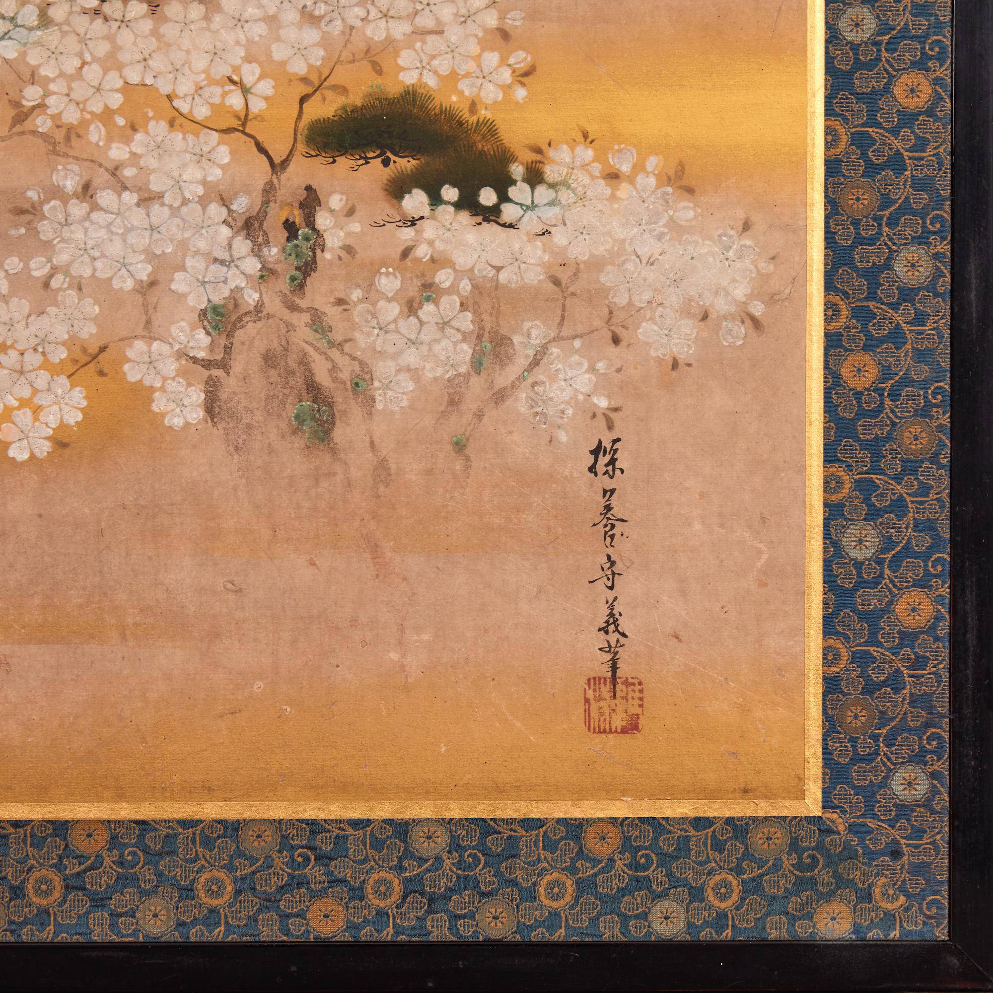 Cherry blossoms and maples among ragged pines. Mineral pigments on mulberry paper with gold mist clouds. Completely remounted utilizing an antique silk brocade border and black lacquer wood trim with beautiful old bronze hardware. Signature and seal