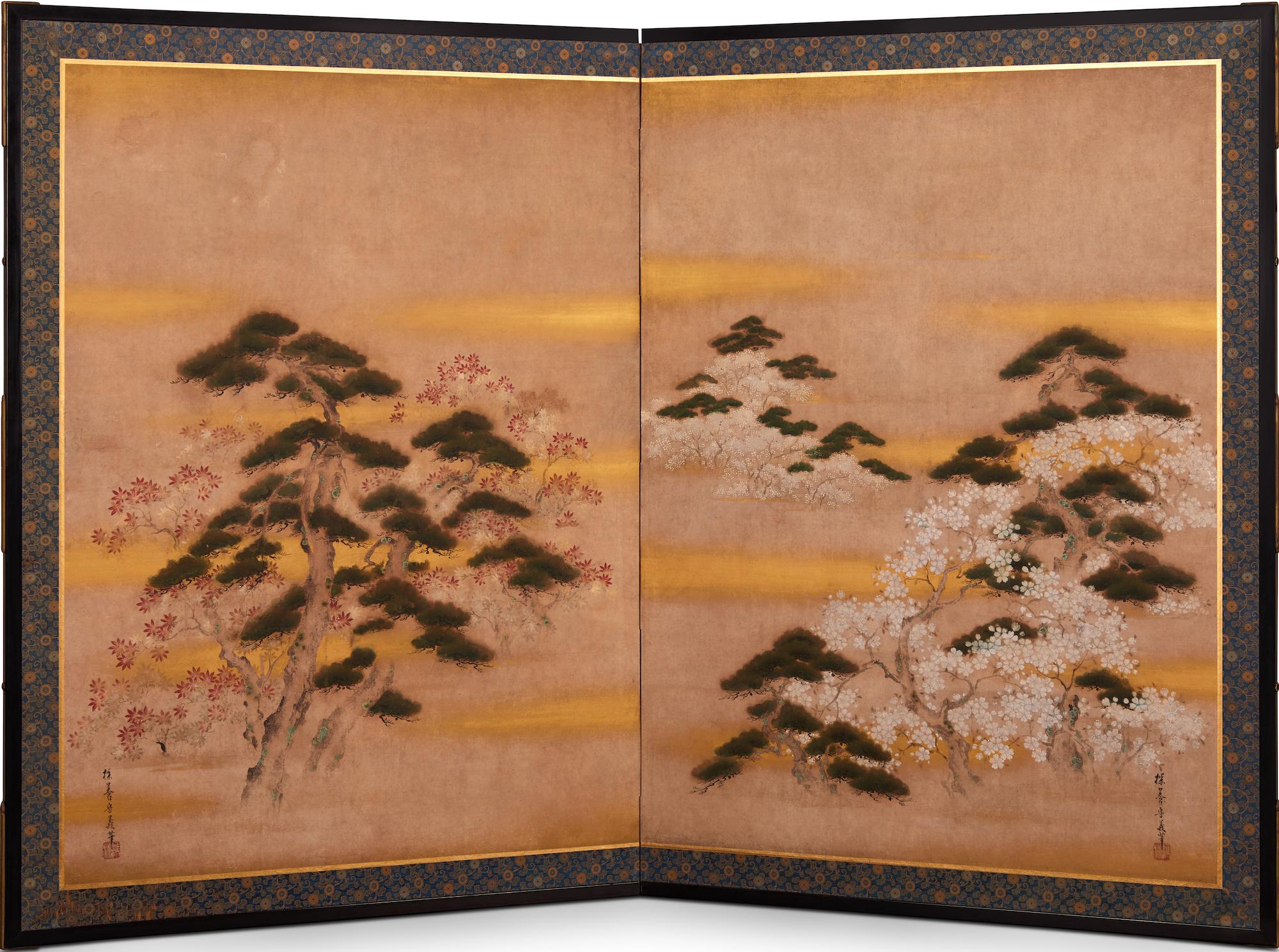 Japanese Two-Panel Screen, Pine, Cherry, and Maple For Sale 4
