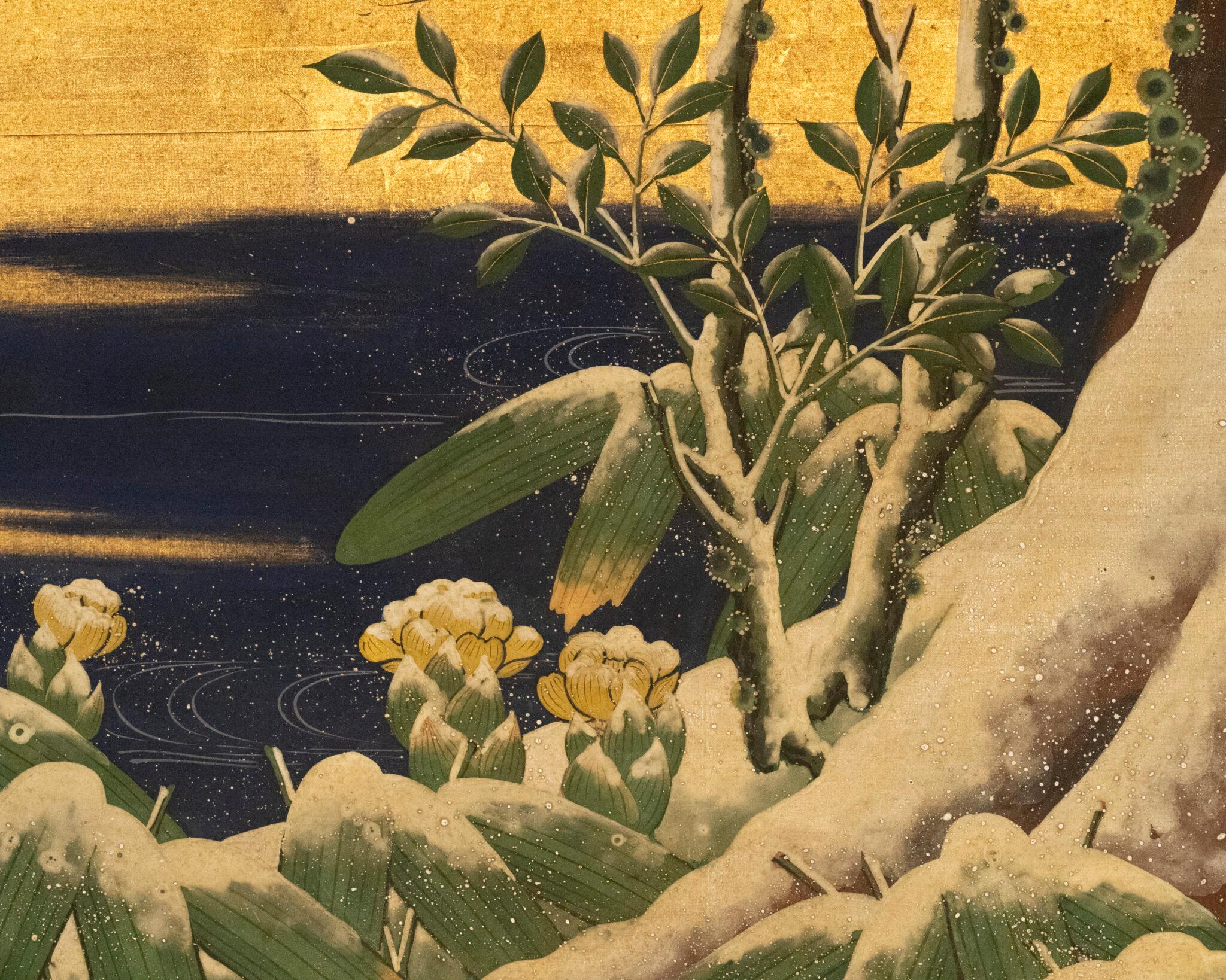 XIX secolo Paravento giapponese a due pannelli: Pino nella neve in vendita
