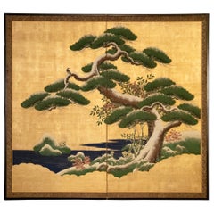 Japanese Two Panel Screen: Pine in Snow