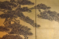Japanese Two Panel Screen: Pine on Gold