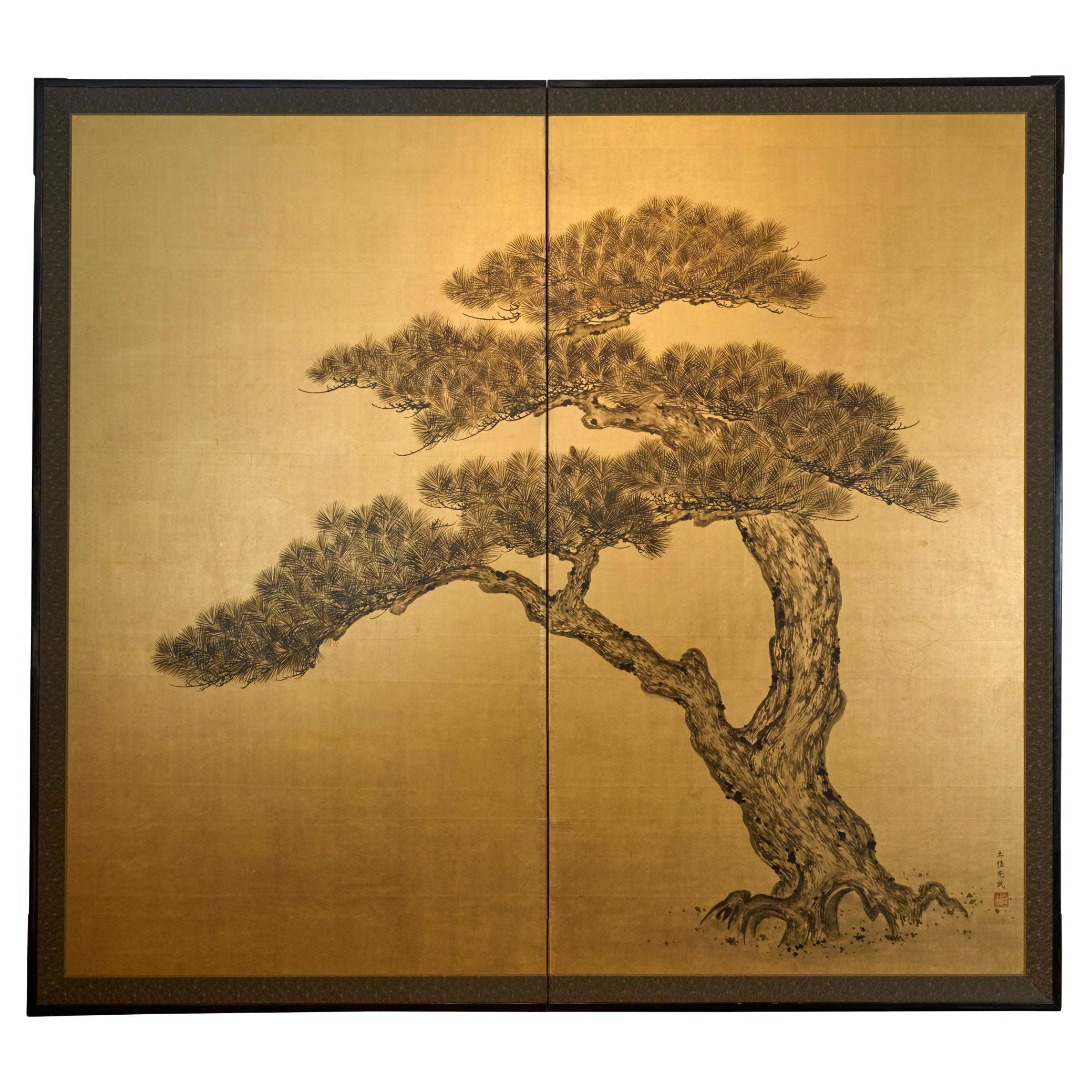Japanese Two Panel Screen: Pine on Gold