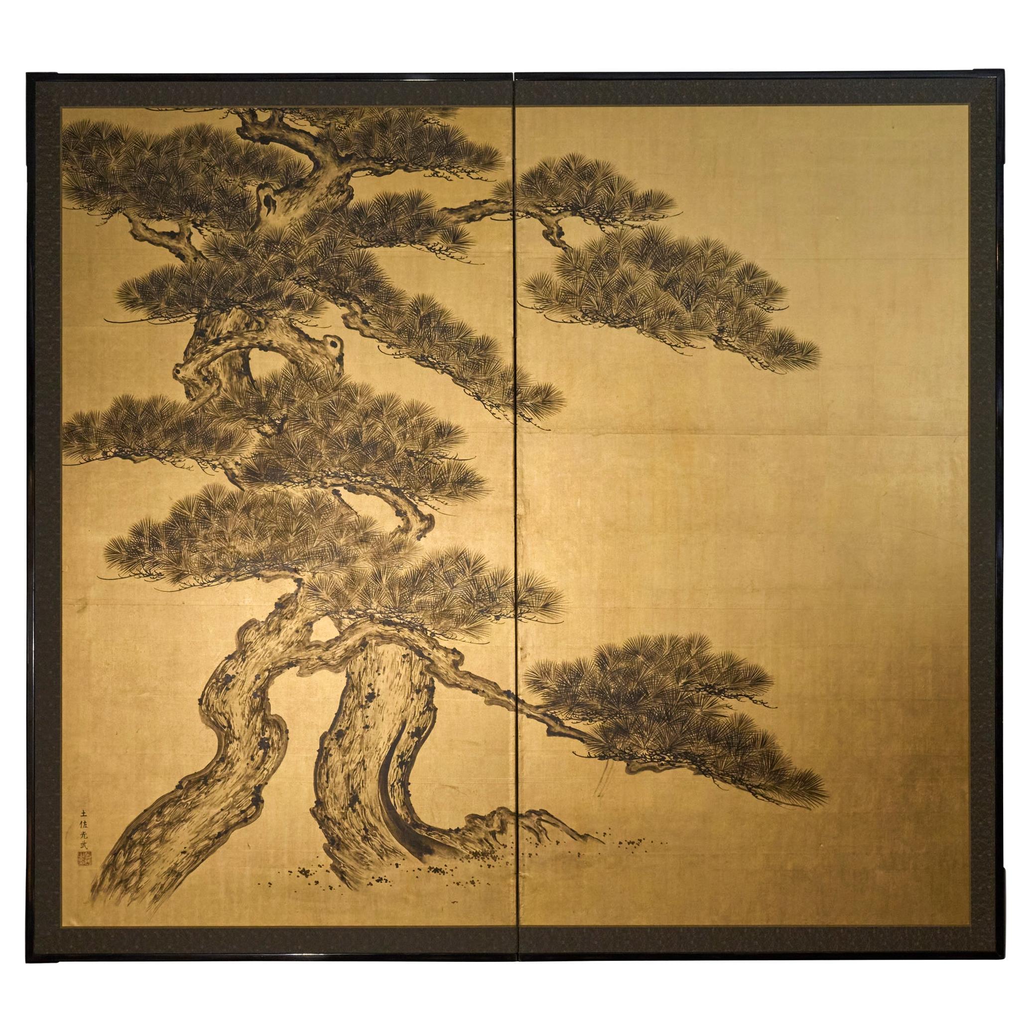 Japanese Two Panel Screen: Pine on Gold For Sale