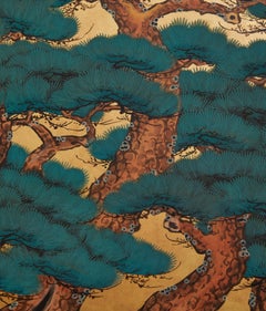 Japanese Two Panel Screen: Pine on Heavy Gold