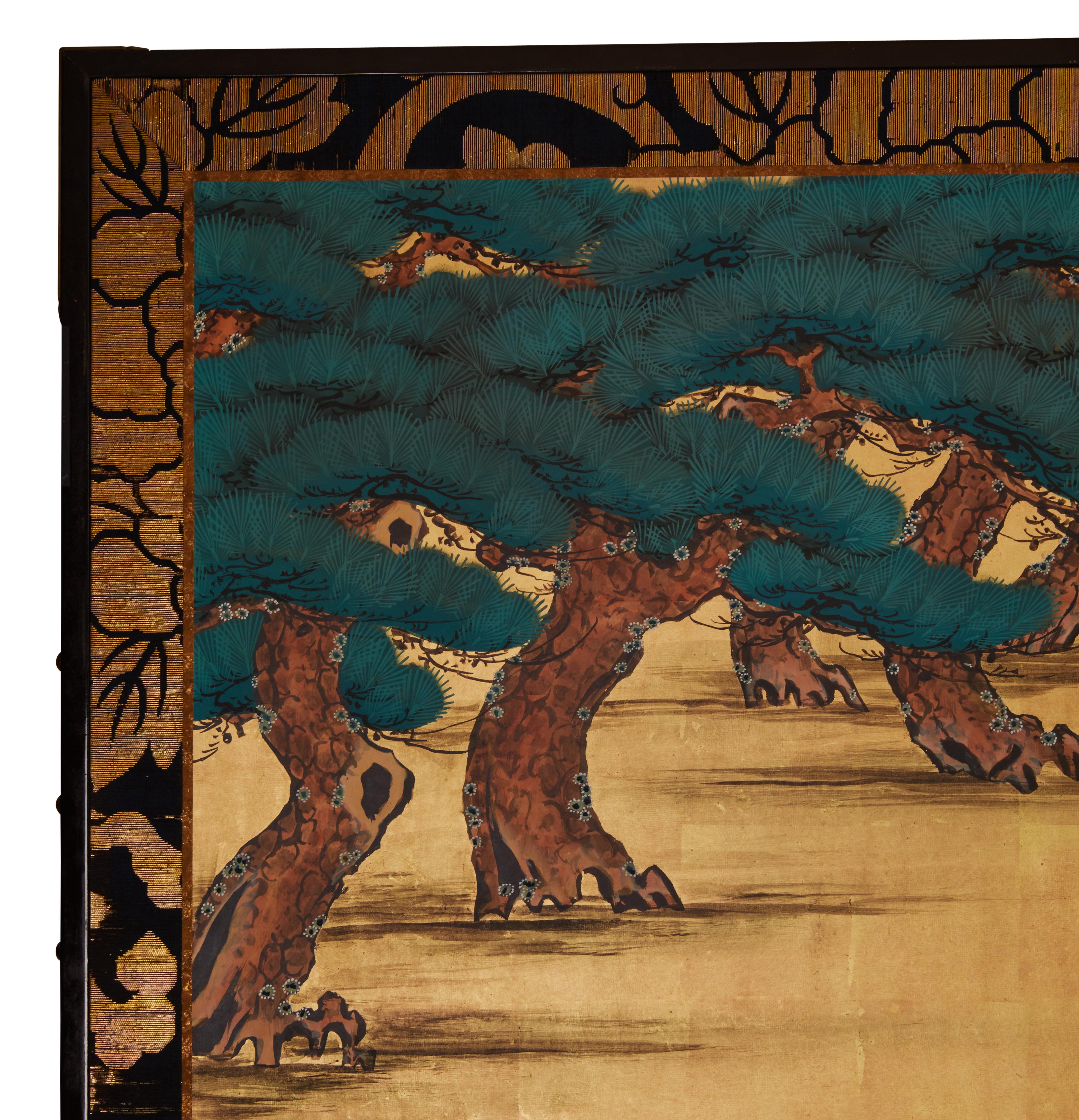 19th Century Japanese Two Panel Screen: Pine on Heavy Gold For Sale