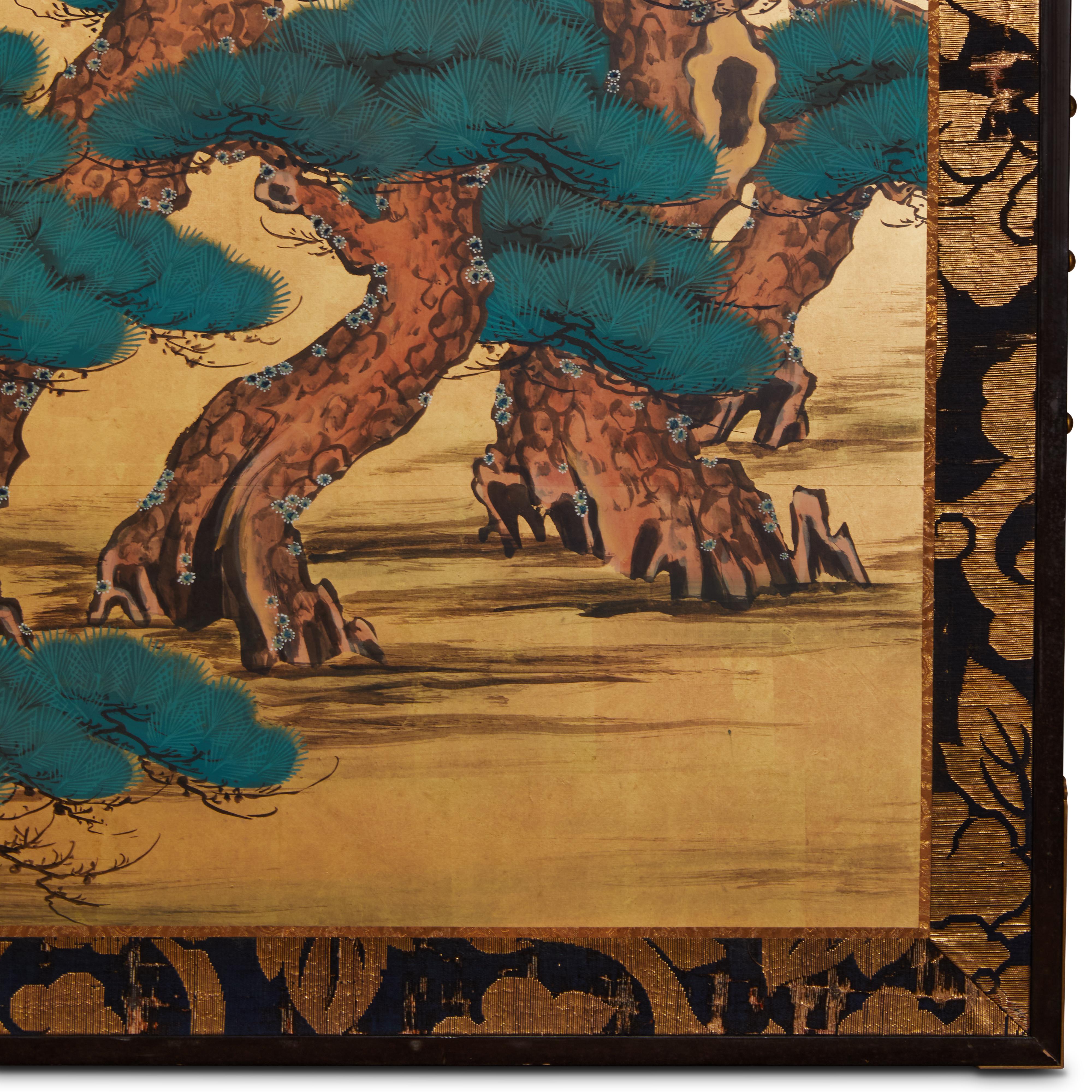 Brocade Japanese Two Panel Screen: Pine on Heavy Gold For Sale