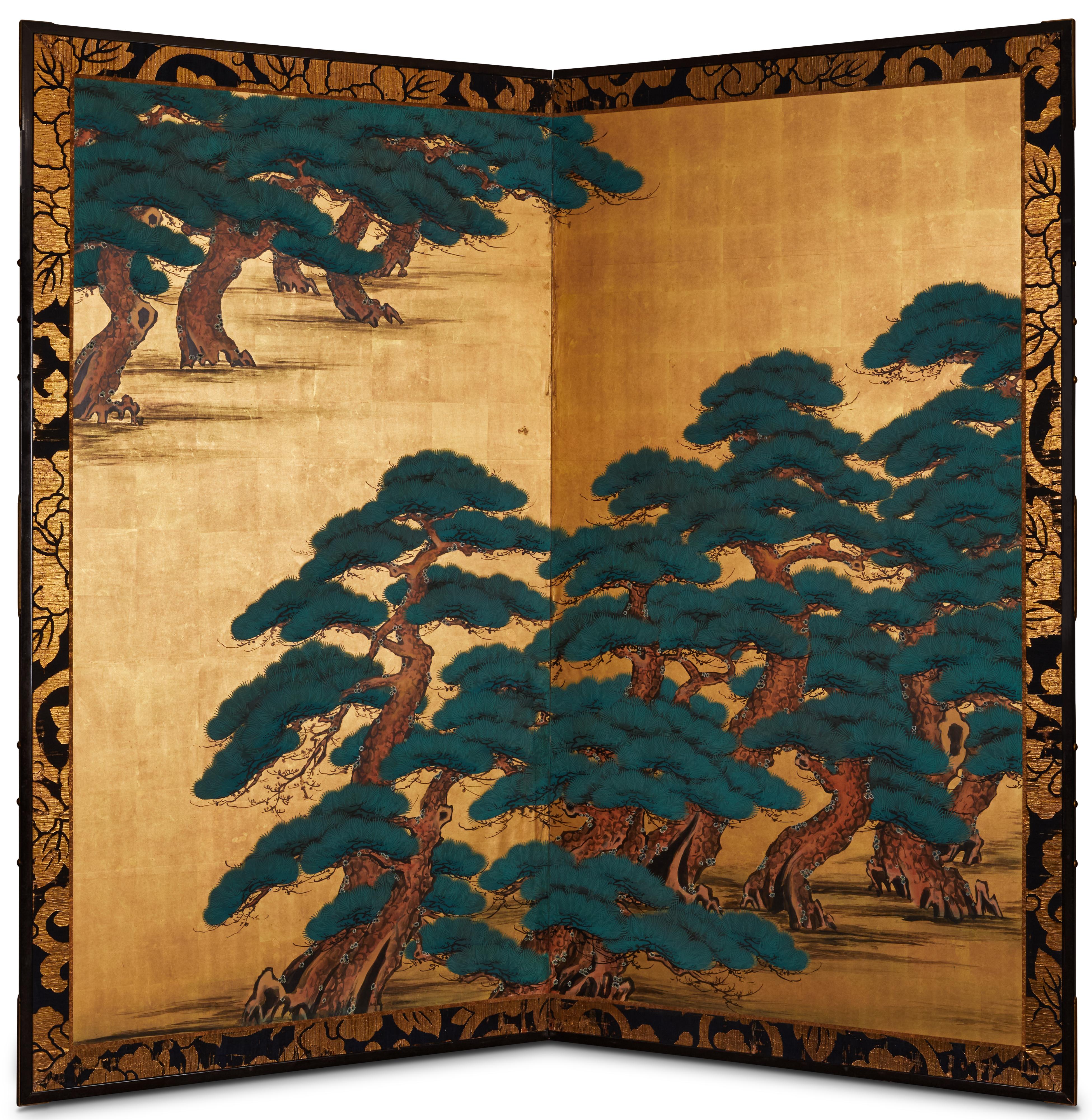 Japanese Two Panel Screen: Pine on Heavy Gold For Sale 2