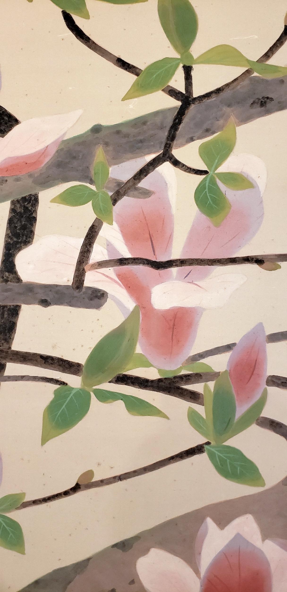 Japanischer Zwei-Panel-Bildschirm: Rosafarbene und weiße Magnolien in früher Blüte, Gemälde aus der Taisho-Periode (1912-1926) mit Zweigen japanischer Magnolienbäume, während sich die Blüten öffnen. Diese Magnolienart blüht im Spätwinter/Frühjahr