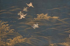 Japanese Two Panel Screen: Plovers Over Waves