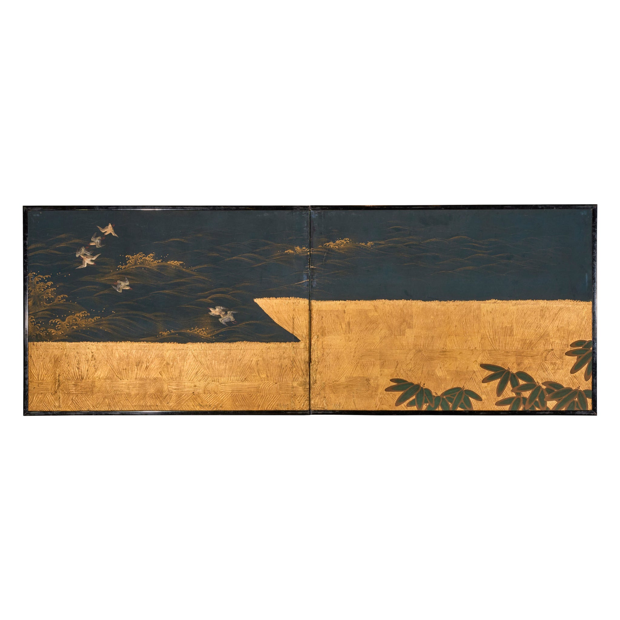 Japanese Two Panel Screen: Plovers Over Waves For Sale