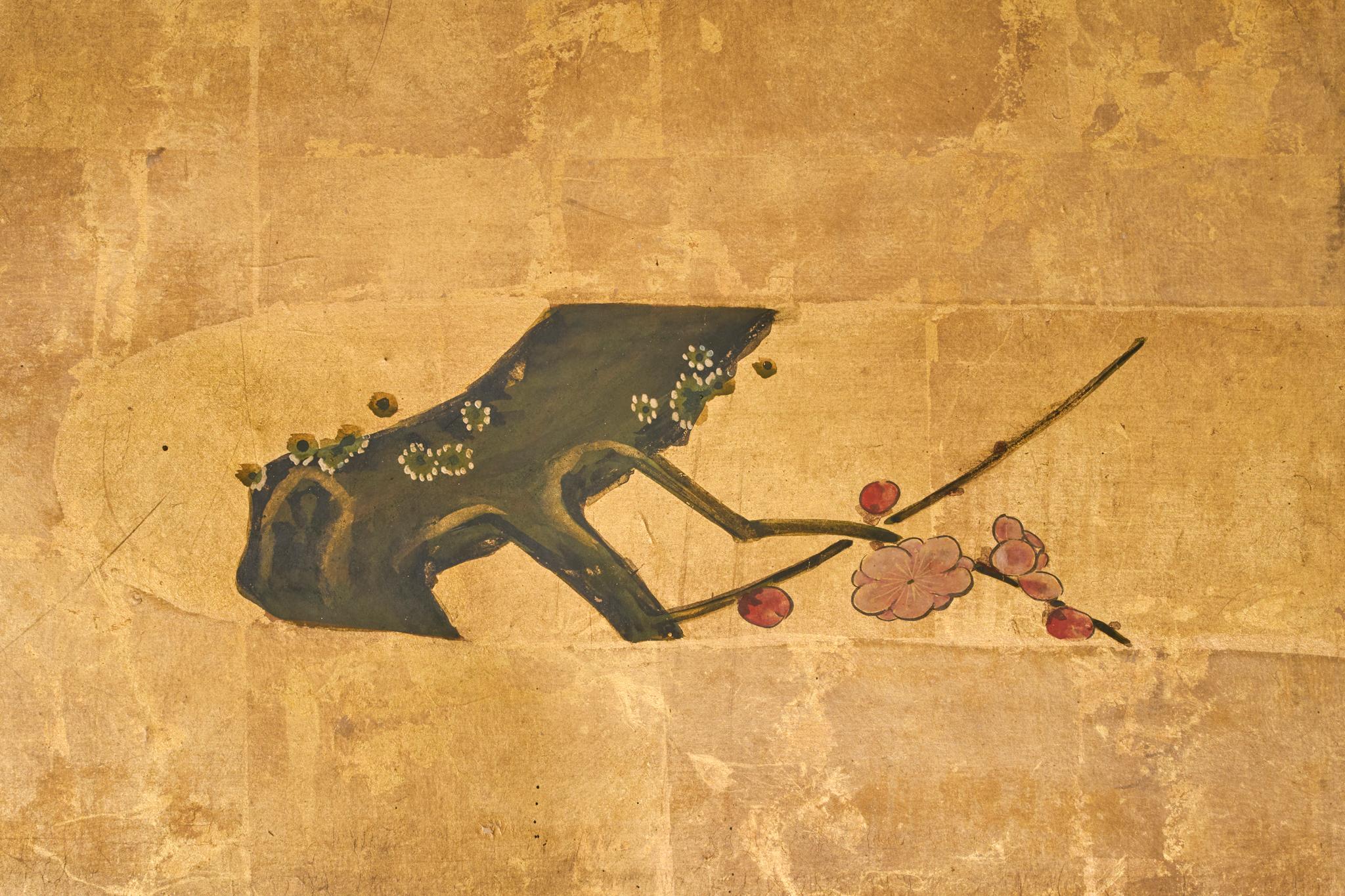 Paravent japonais à deux panneaux : Fleur de prunier dans la brume en vente 1