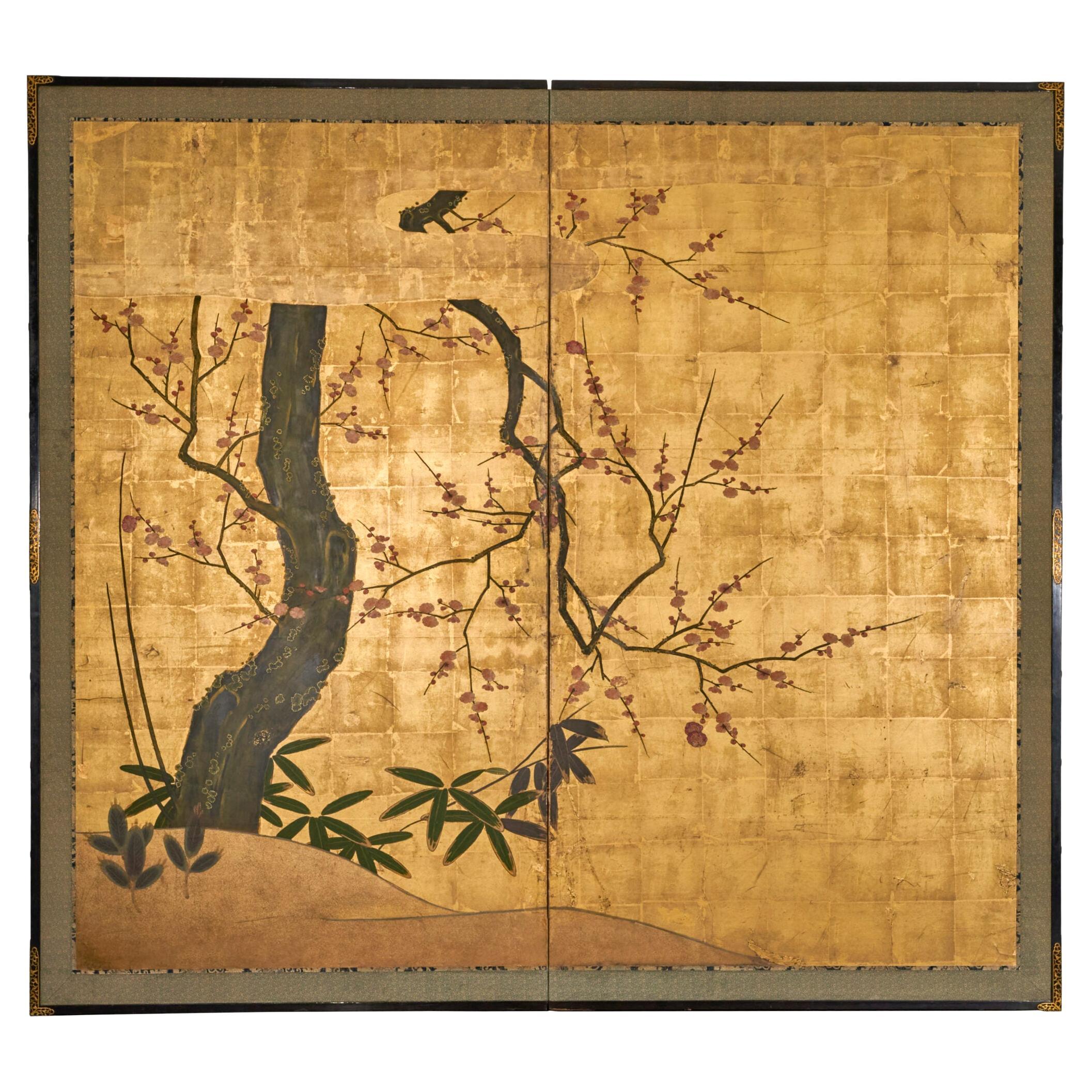 Paravent japonais à deux panneaux : Fleur de prunier dans la brume