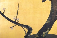 Japanese Two Panel Screen Winter Flowering Plum on Gold Leaf
