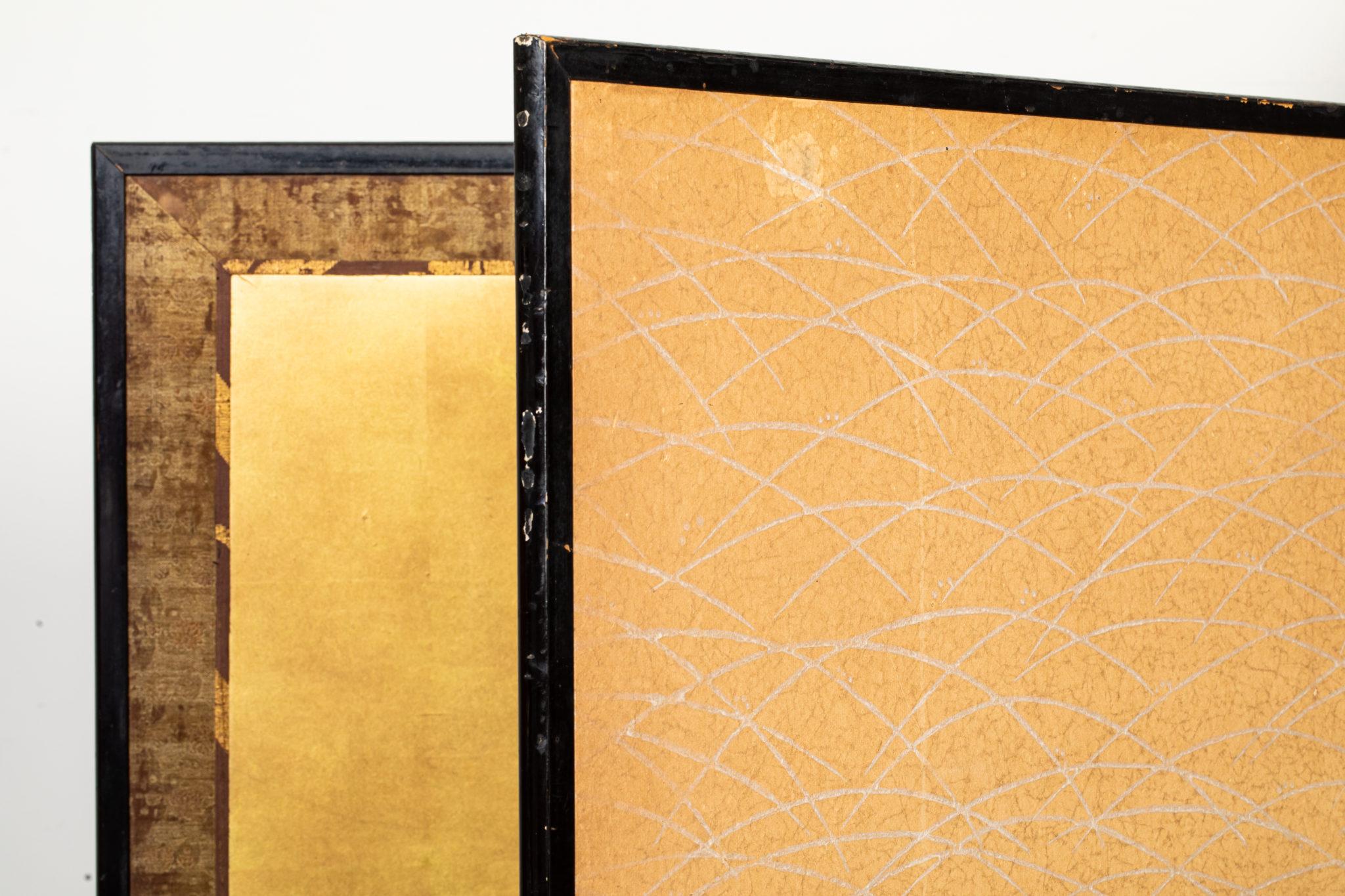 Japanese Two Panel Screen Winter Flowering Plum on Gold Leaf For Sale 4