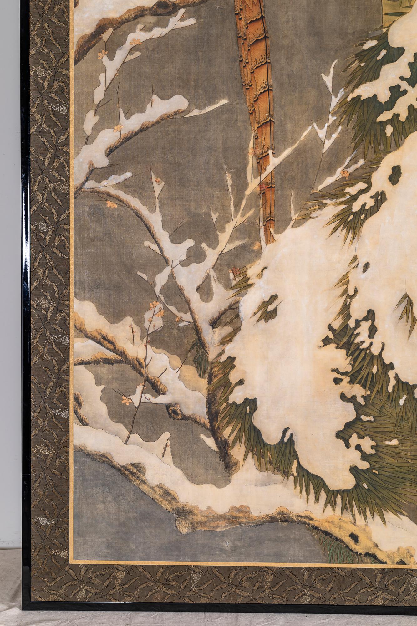 Japanese Two Panel Screen: Recumbant Pheasant in Snow Laden Pine For Sale 5