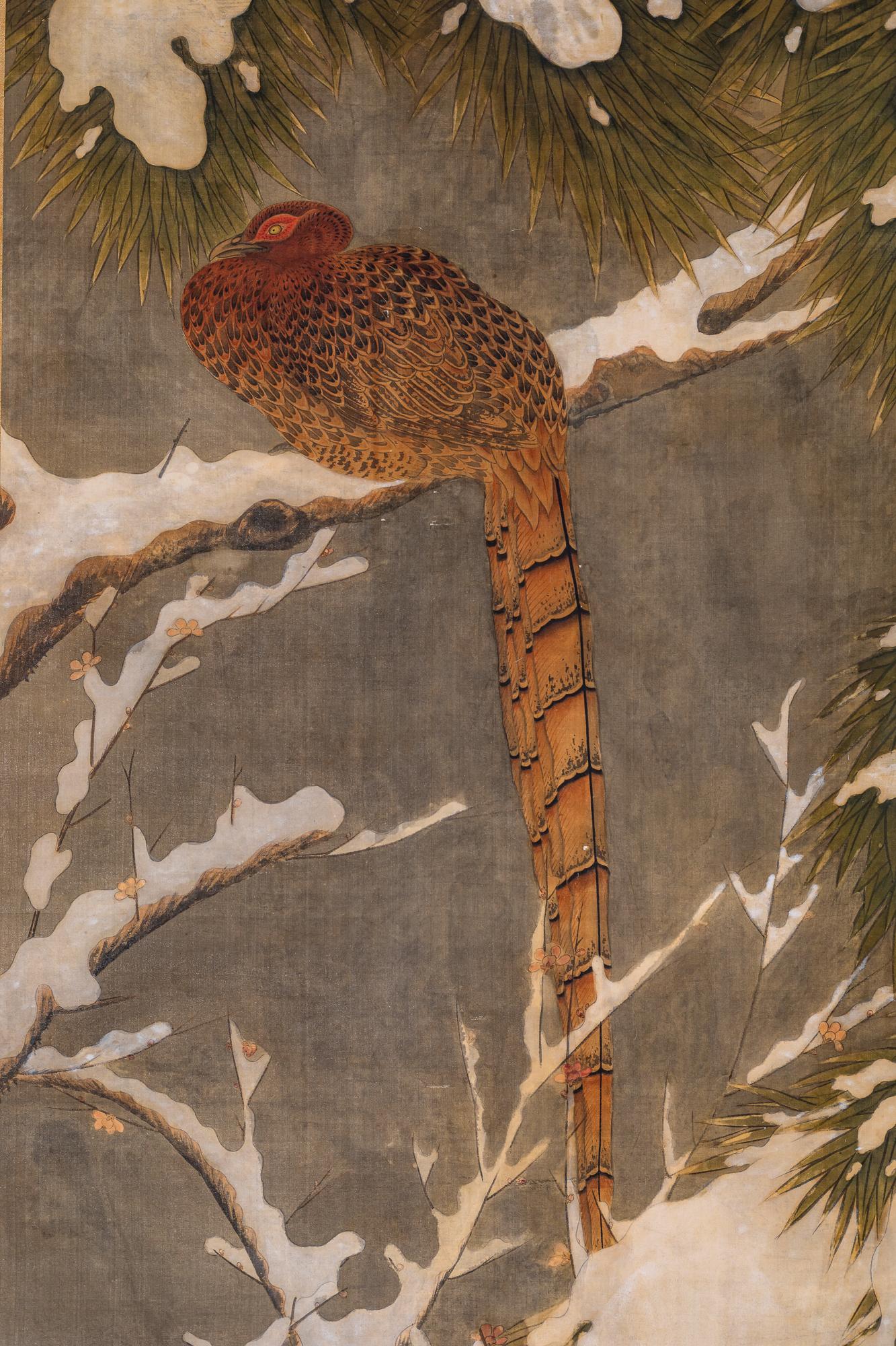 Japanese Two Panel Screen: Recumbant Pheasant in Snow Laden Pine In Good Condition For Sale In Hudson, NY