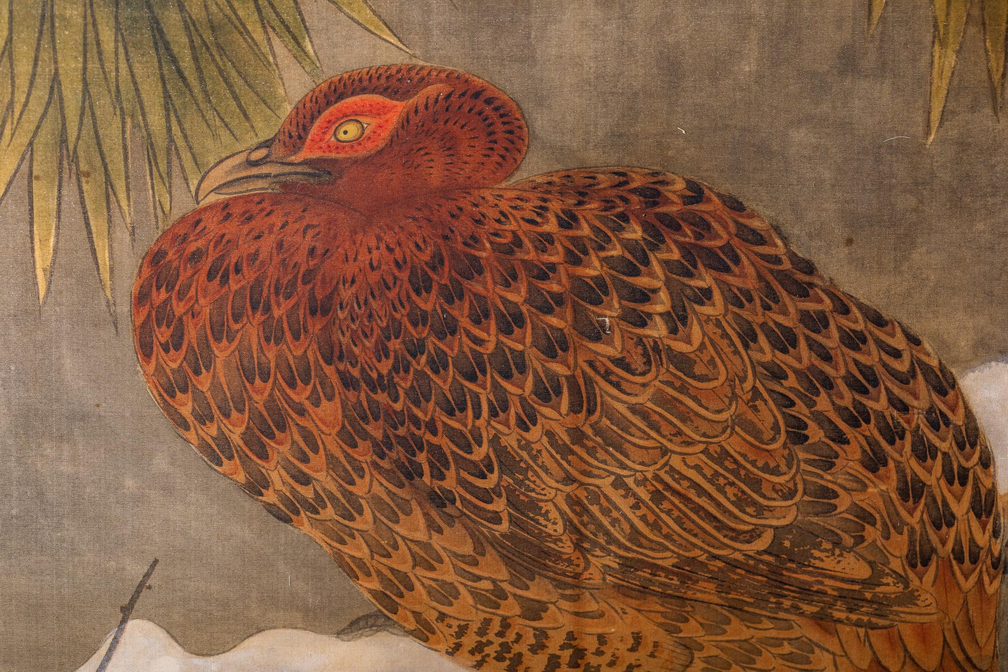 Late 19th Century Japanese Two Panel Screen: Recumbant Pheasant in Snow Laden Pine For Sale
